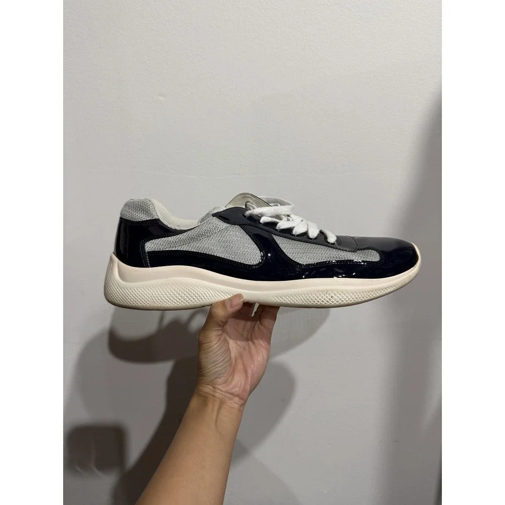 Prada Vernice Bike Patent Mesh Sneakers Navy/Silver Mens Size 11